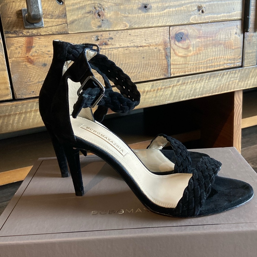 BCBG Black Velvet Strappy Sandal Heels